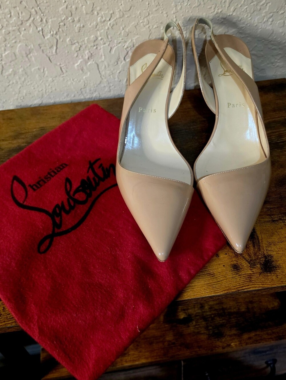 Christian Louboutin Nude Patent Leather Slingback Pointed-Toe Heels